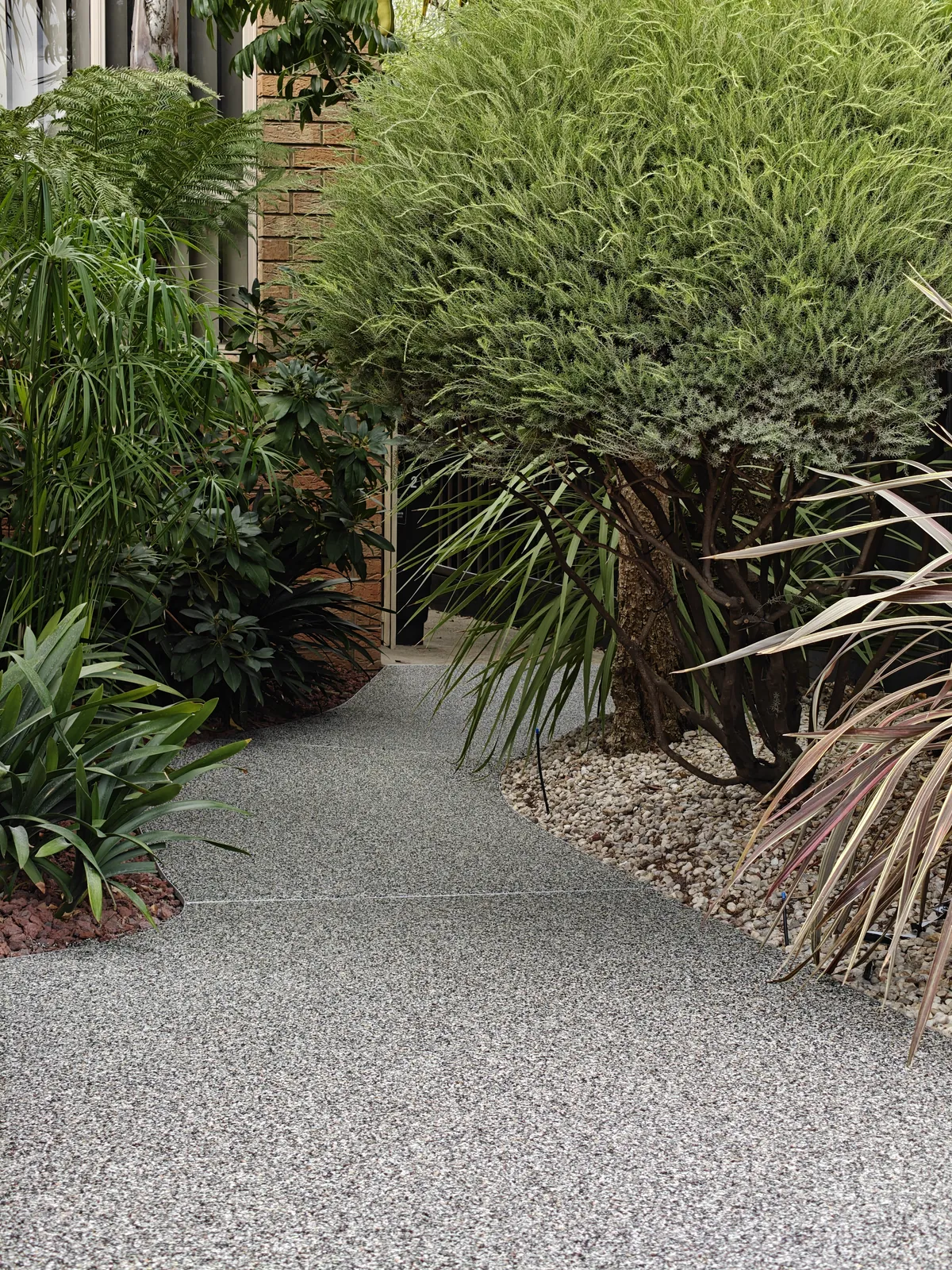 Curved resin-bound stone garden path through established planting