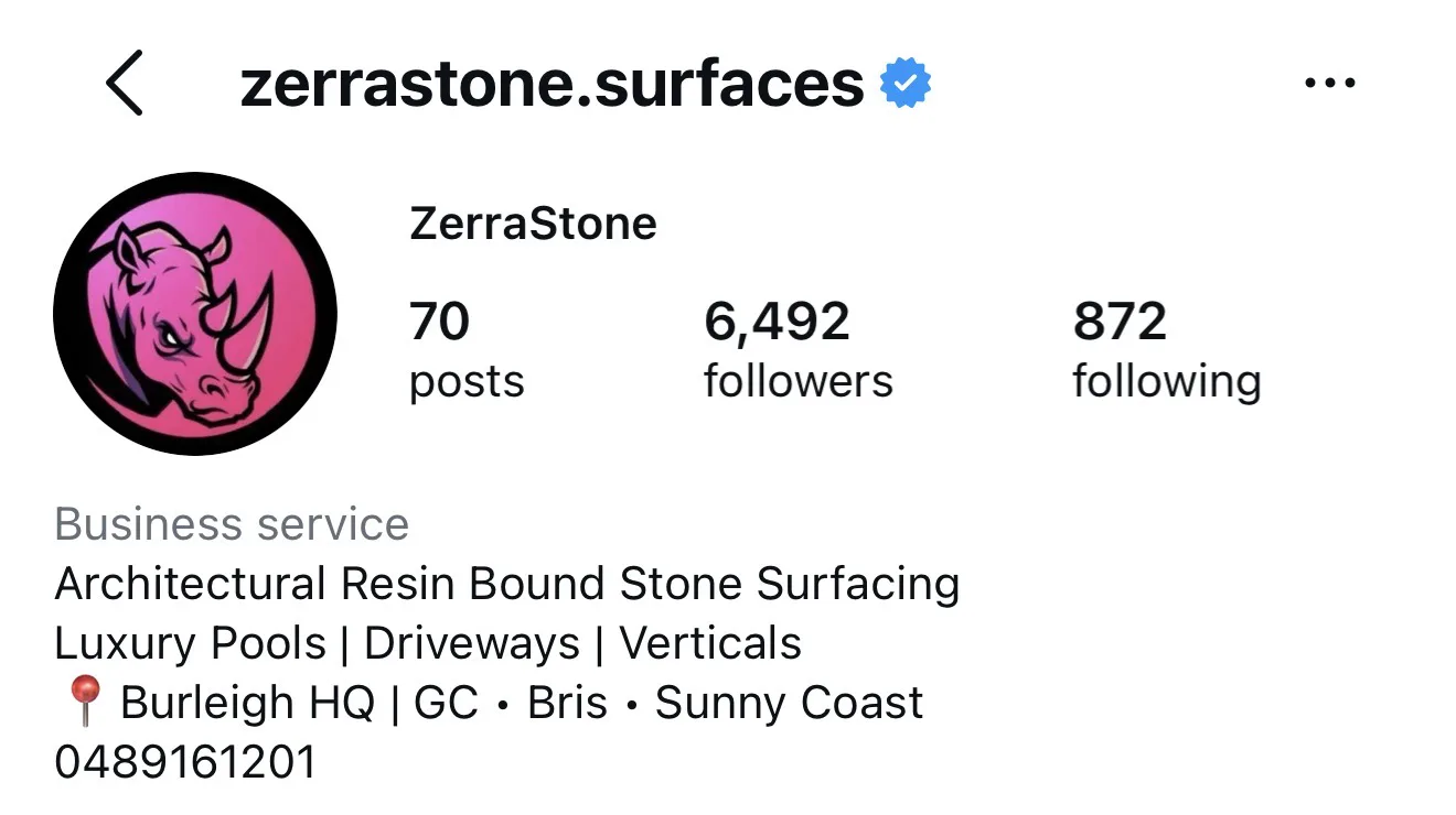 Zerra Stone Instagram profile showing 6,492 followers